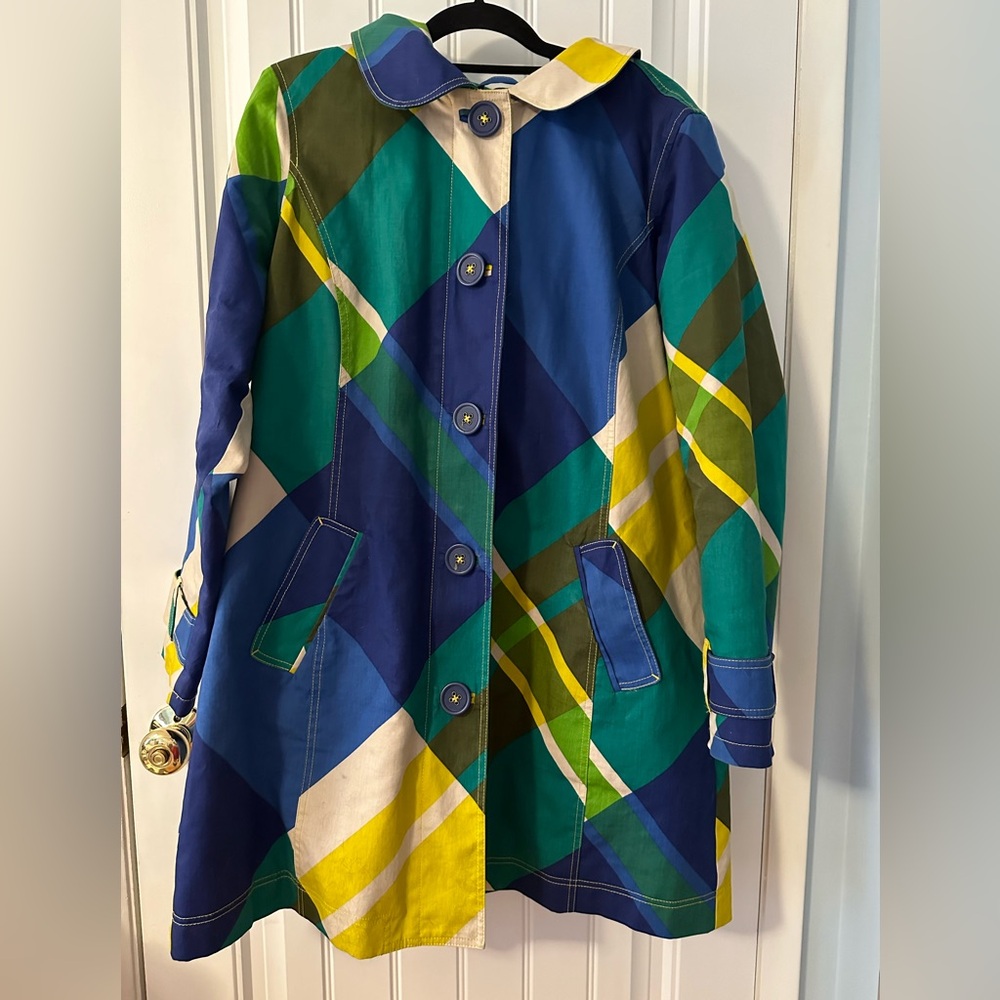 Boden Fleece Lined Rainy Day Raincoat Blue & Green Plaid